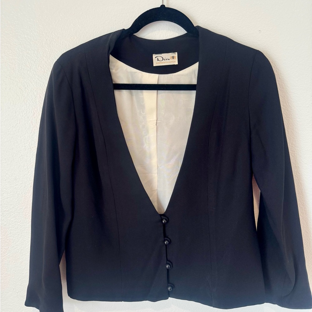 Vintage 60s Don Sophisticates Black Collarless Blazer | Jane Justin Mod Sz Small